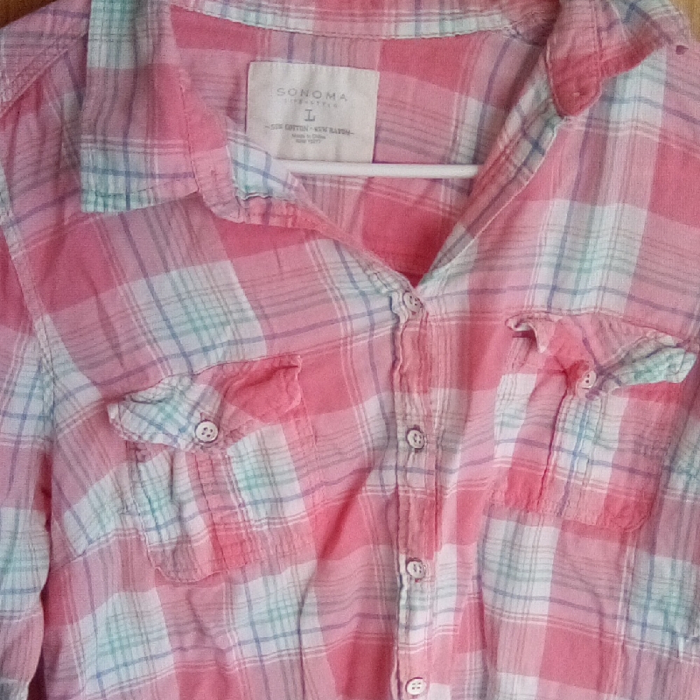 Sonoma Coral and Mint Plaid Shirt - Picture 2 of 10